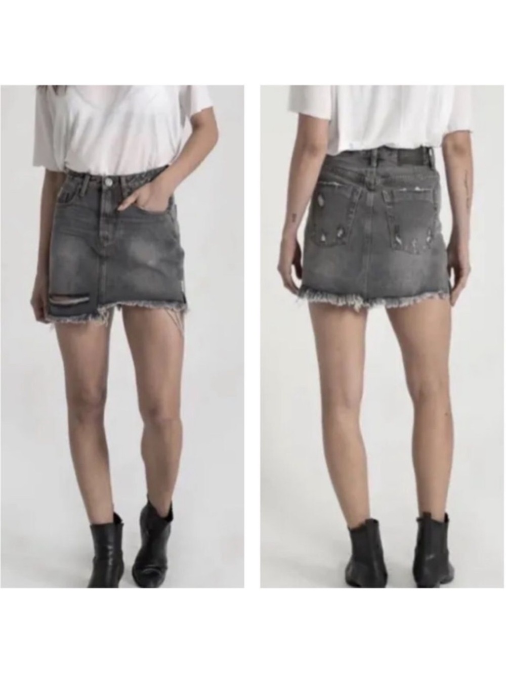 One X One Teaspoon MINI HIGH WAIST DENIM SKIRT Faded Black Distressed 24